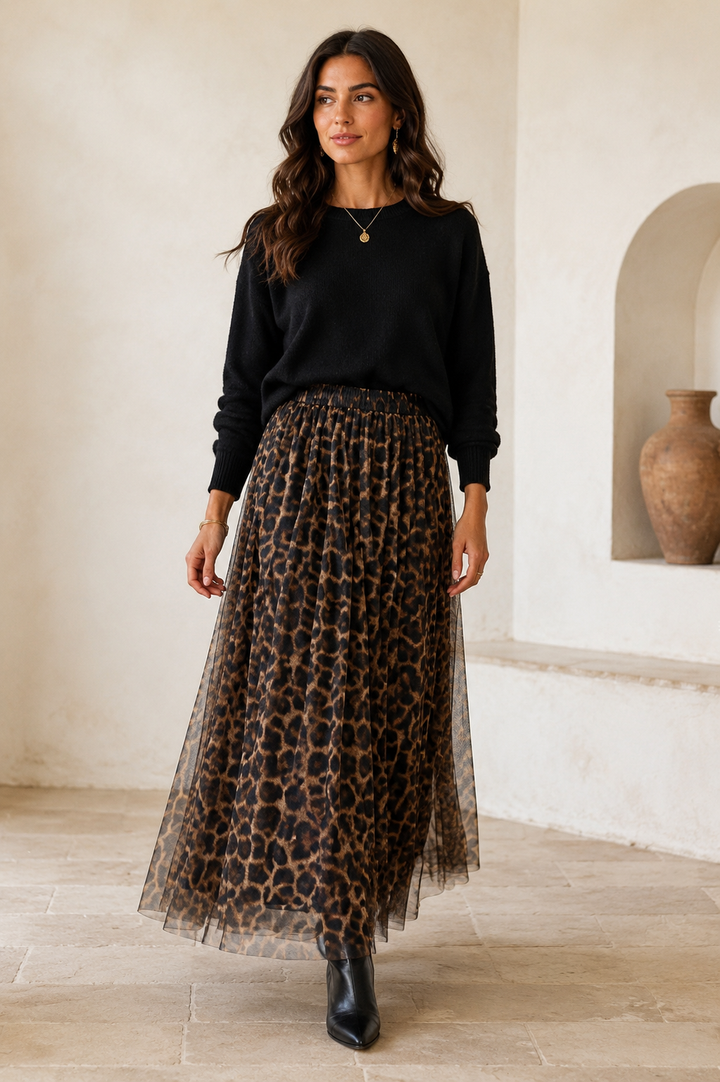 Lavika Leopard Tulle Skirt Tan