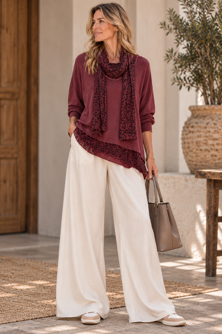 Gia Leopard Top & Scarf Set Burgundy