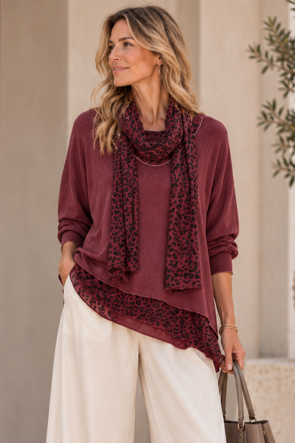 Gia Leopard Top & Scarf Set Burgundy