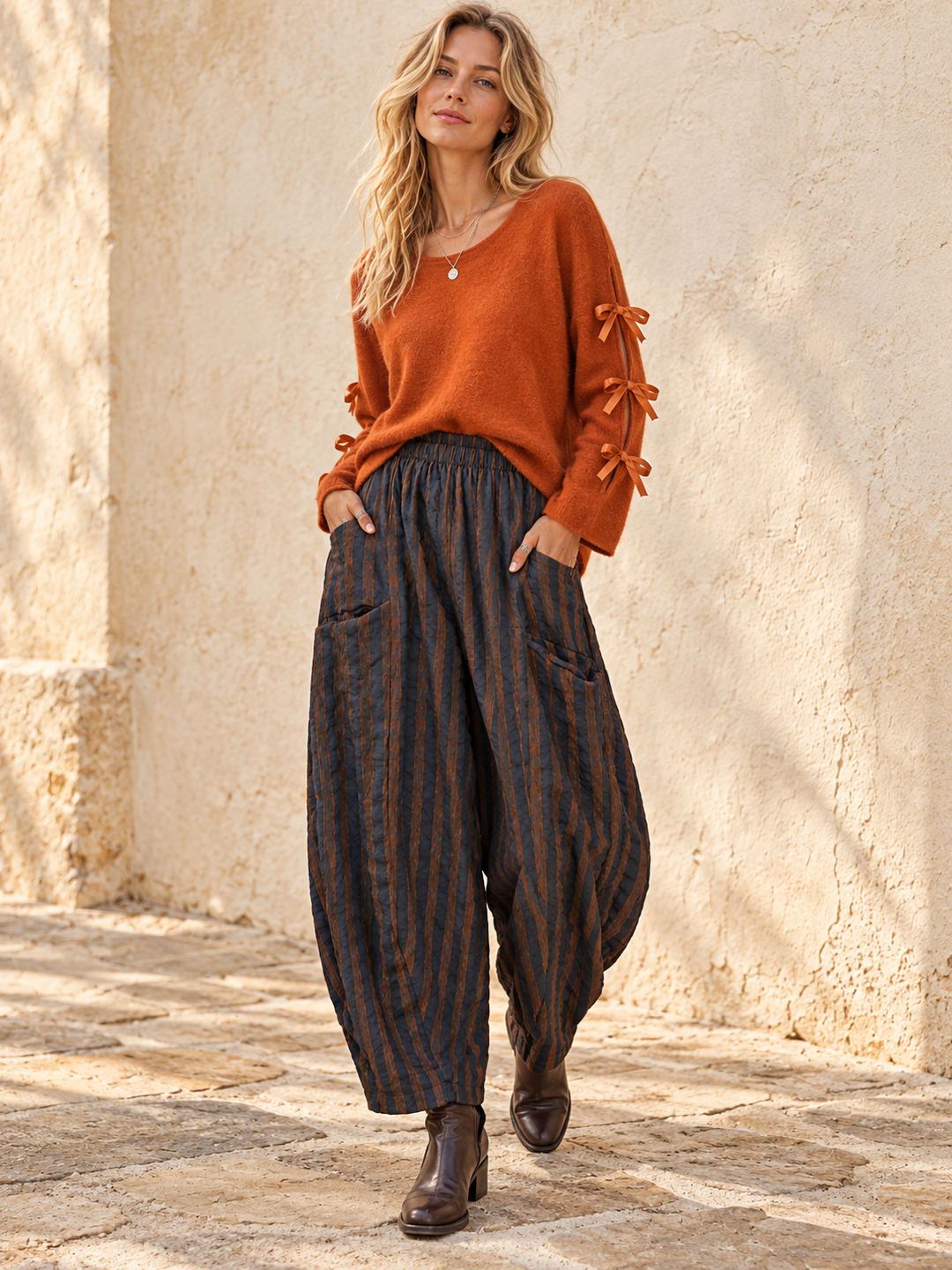 Rosana Stripe Barrel Leg Trousers Navy