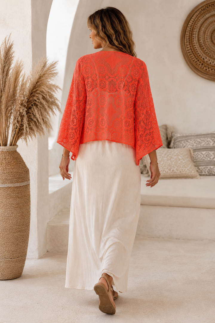 Lace Tie Front Shrug Coral