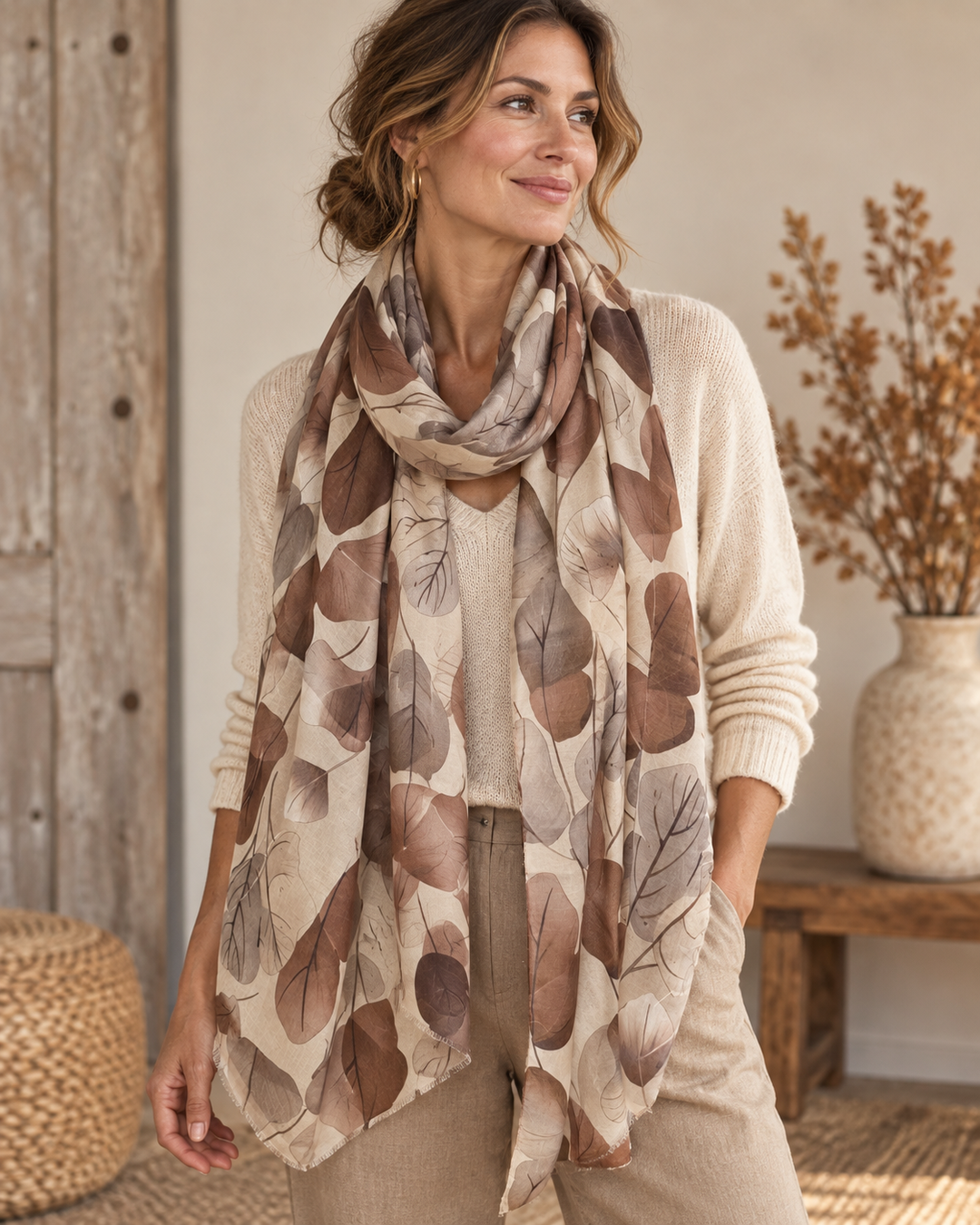 Large leaf scarf Beige
