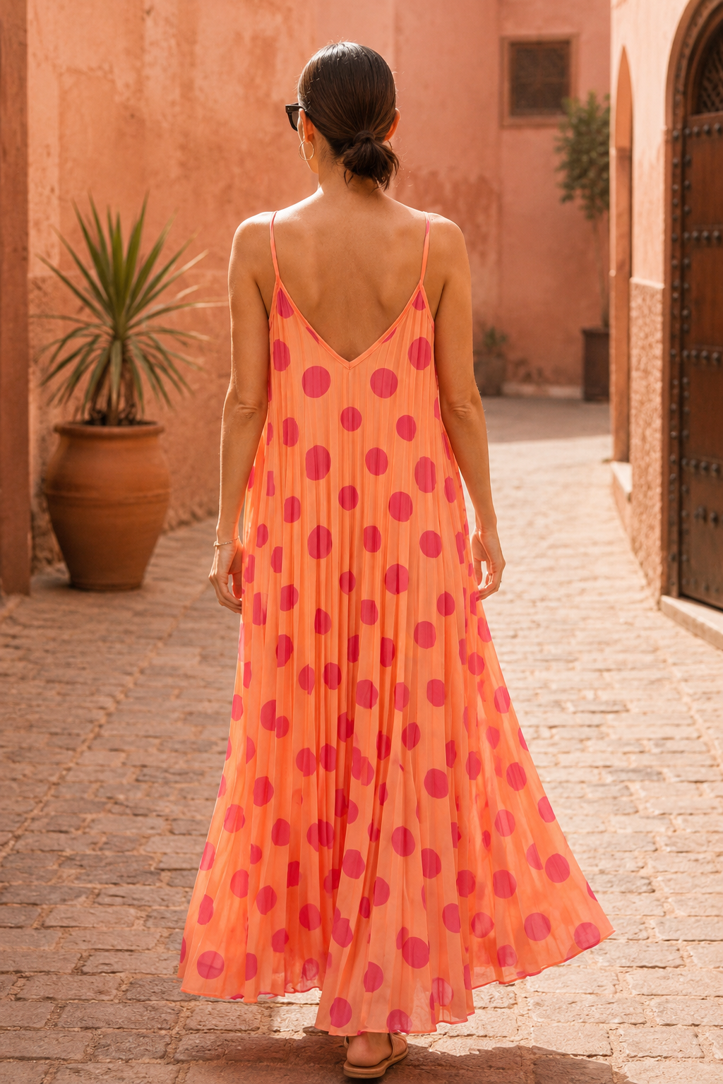 Arezzo Pleated Polka Dot Dress Peach
