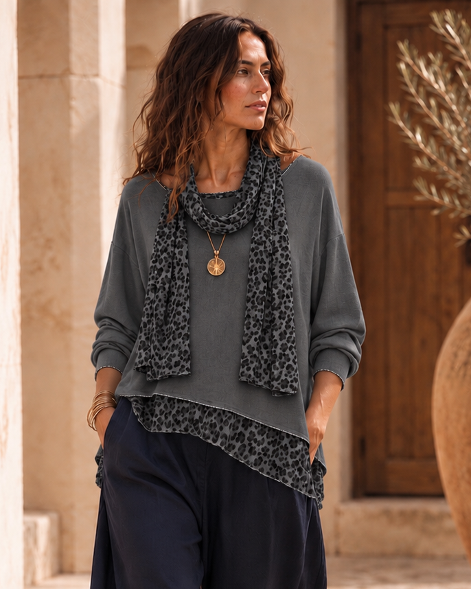 Gia Leopard Top & Scarf Set Pewter