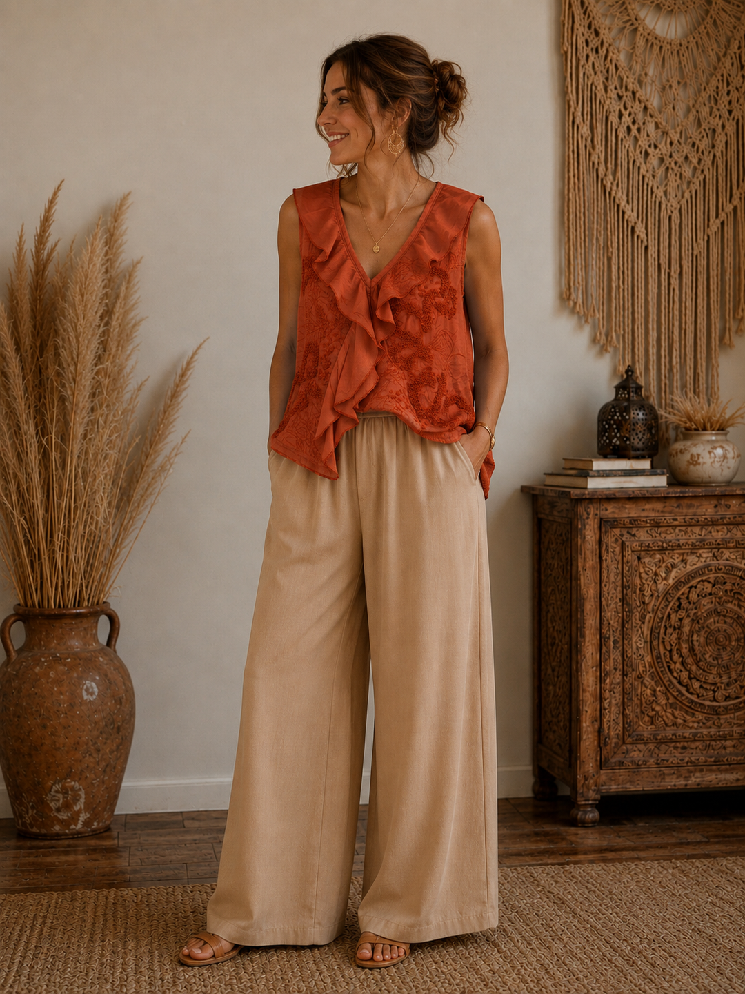 Kalena Floral Frill Top Rust