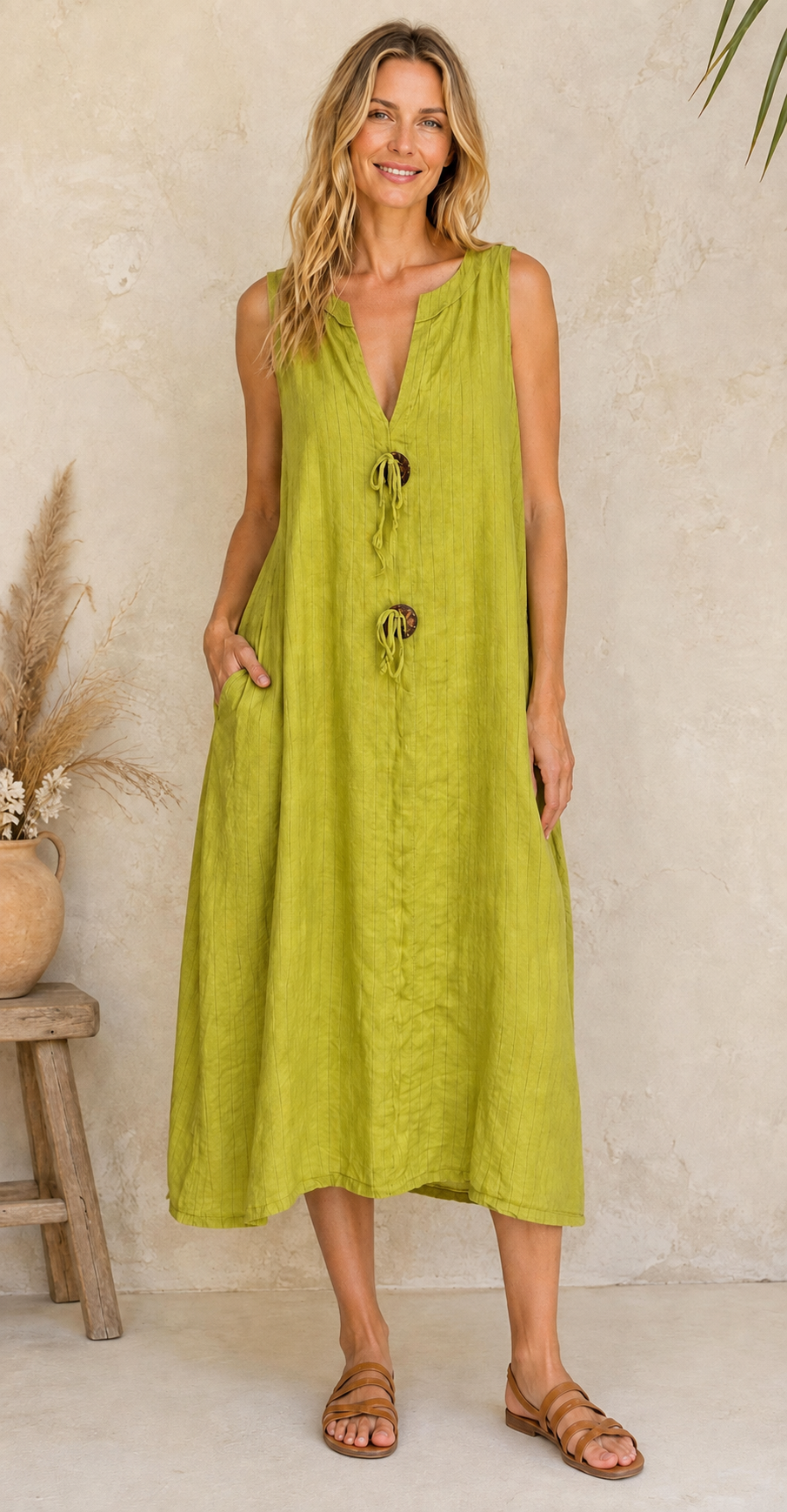 Libby Linen Stripe Dress Lime