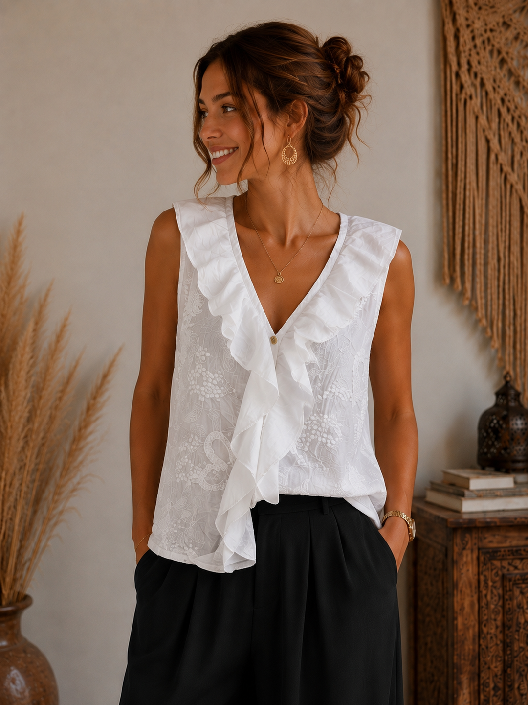 Kalena Floral Frill Top White