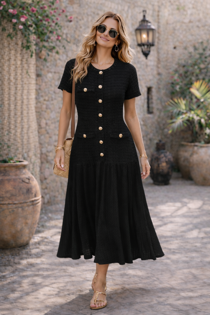 Agnese Gold Button Dress Black