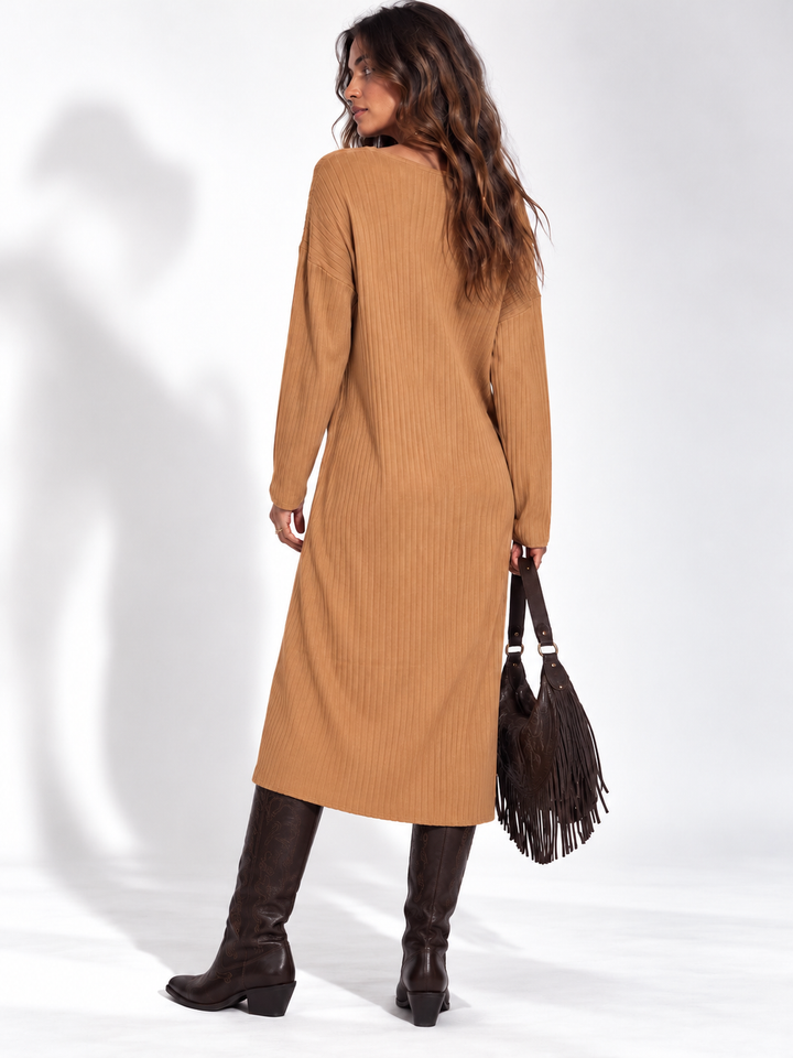 Andie V Neck Ribbed Dress Camel