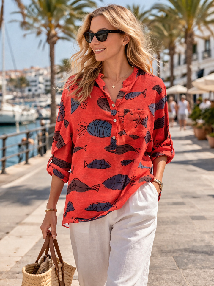 Neptunia Fish Print Cotton Top Coral