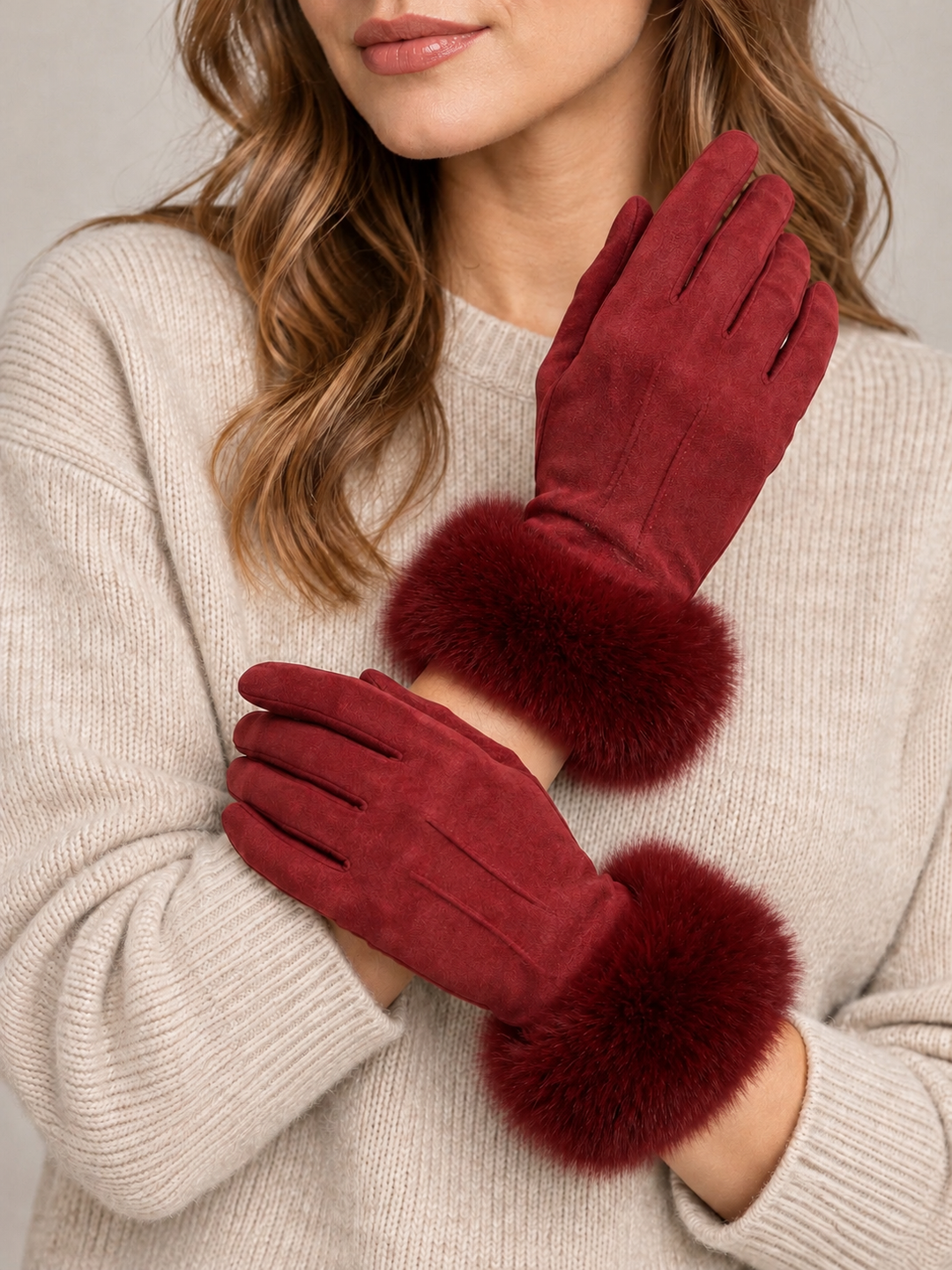 Nicola Fur cuff Gloves Wine
