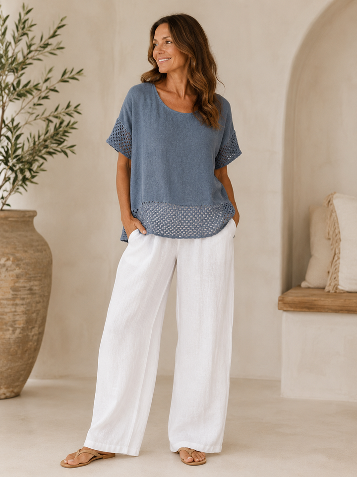 Celina Crochet Linen Pocket Top Denim