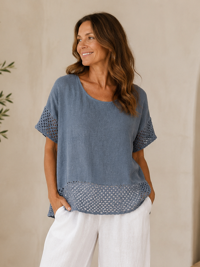 Celina Crochet Linen Pocket Top Denim