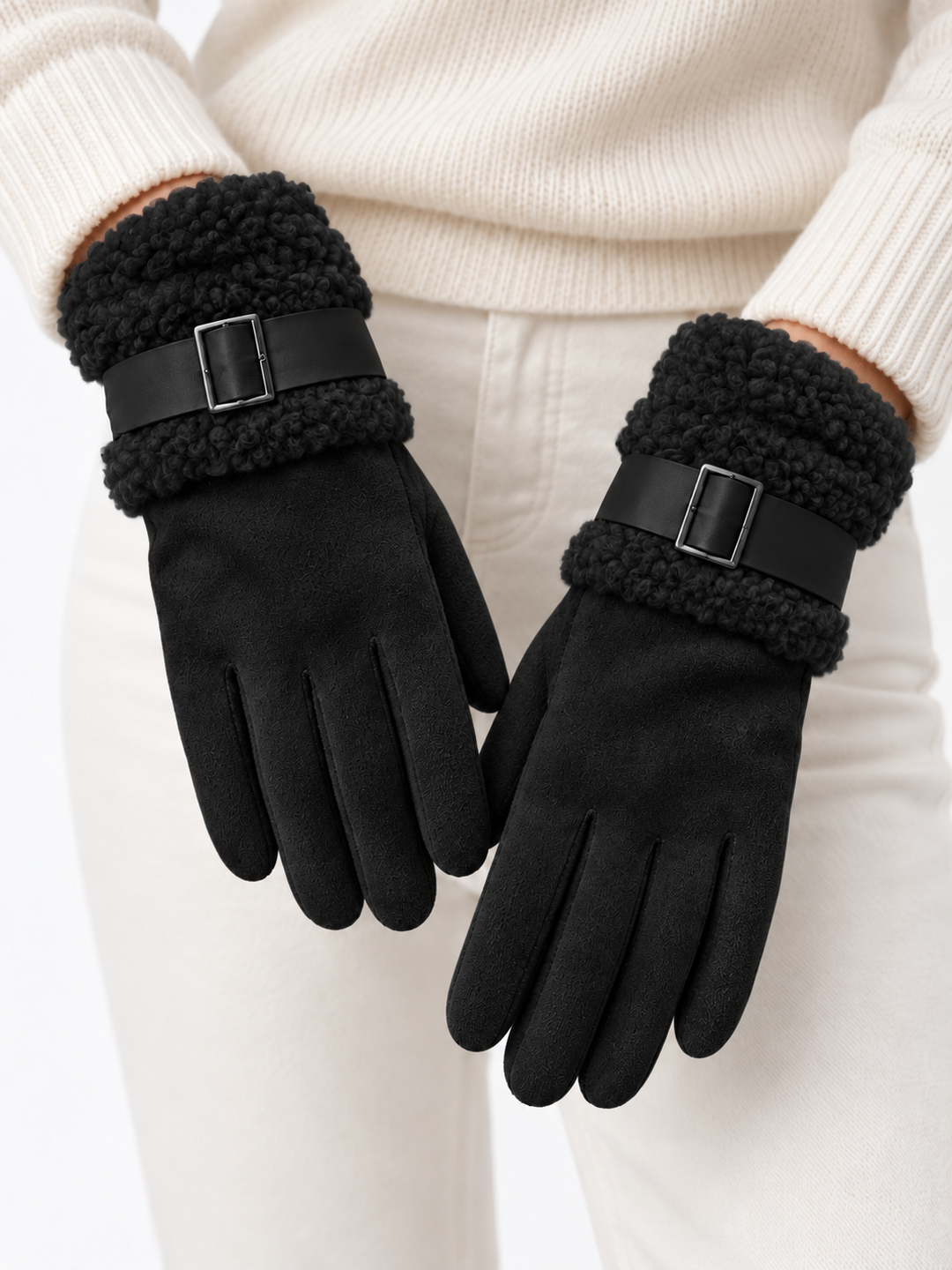 Faux Fur Buckle Gloves Black