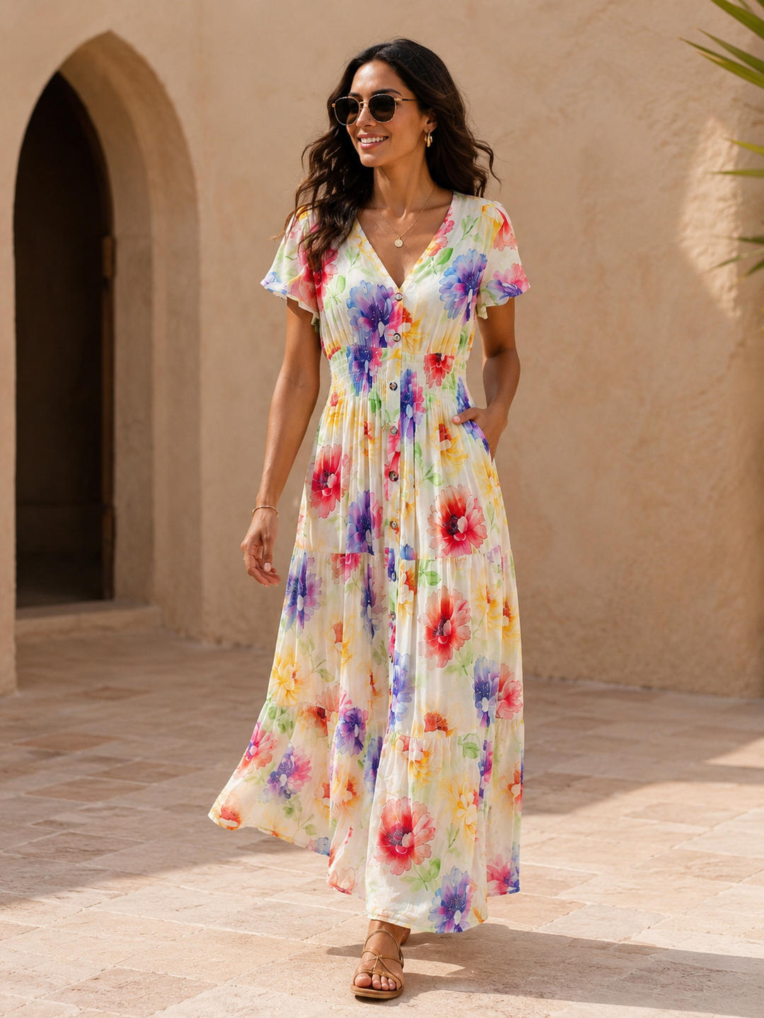 Claudia Floral Shirred Maxi Dress Lemon