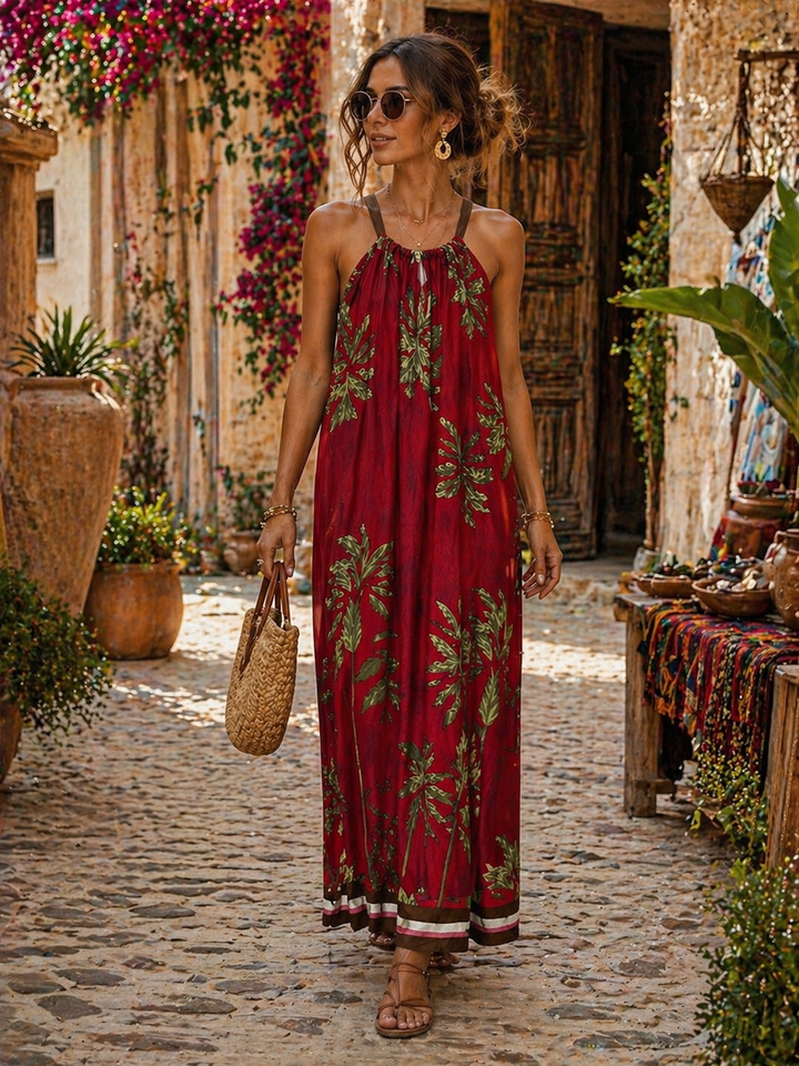 Vintage Tropical Palm Dress Cherry