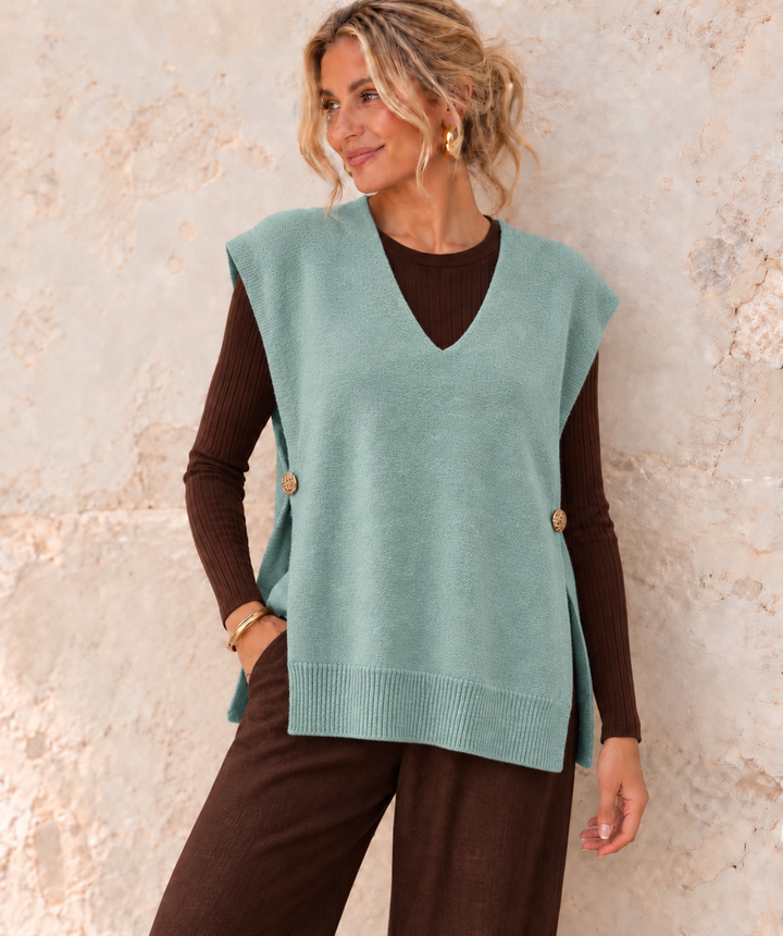 Clara Gold Button Tank Top Aqua