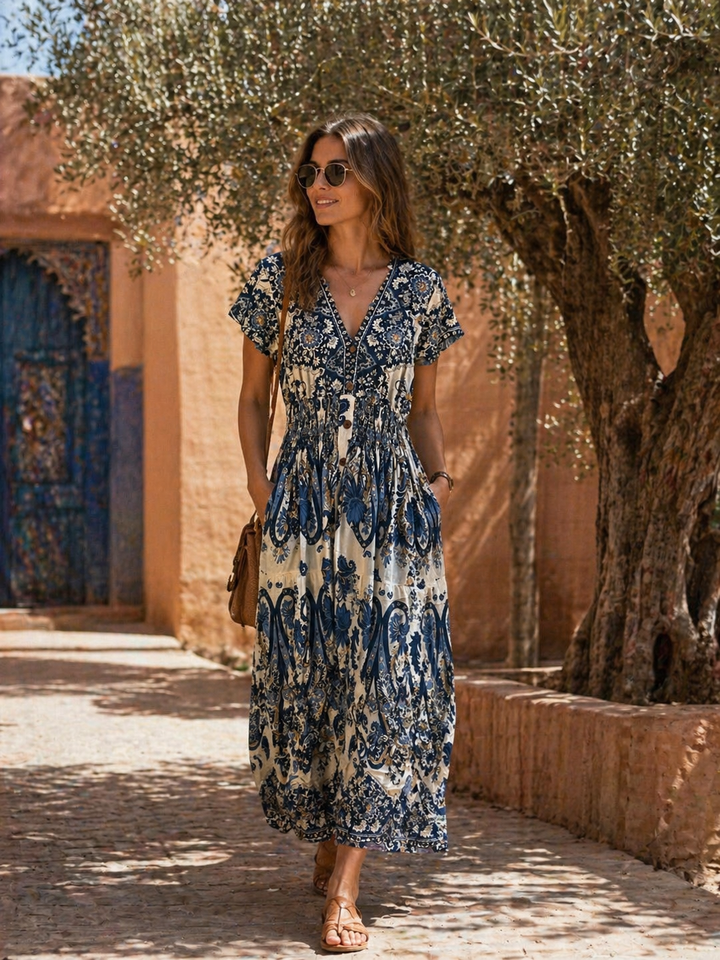 Pria Paisley Shirred Maxi Dress Navy
