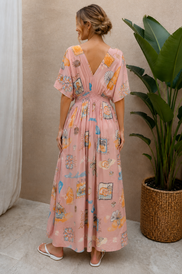 Kirana Postcard Print Maxi Dress Pink