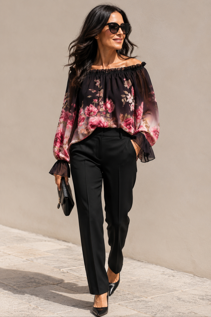Caterina Floral Shirred Top Black