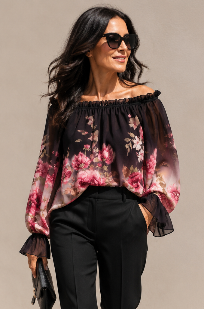 Caterina Floral Shirred Top Black