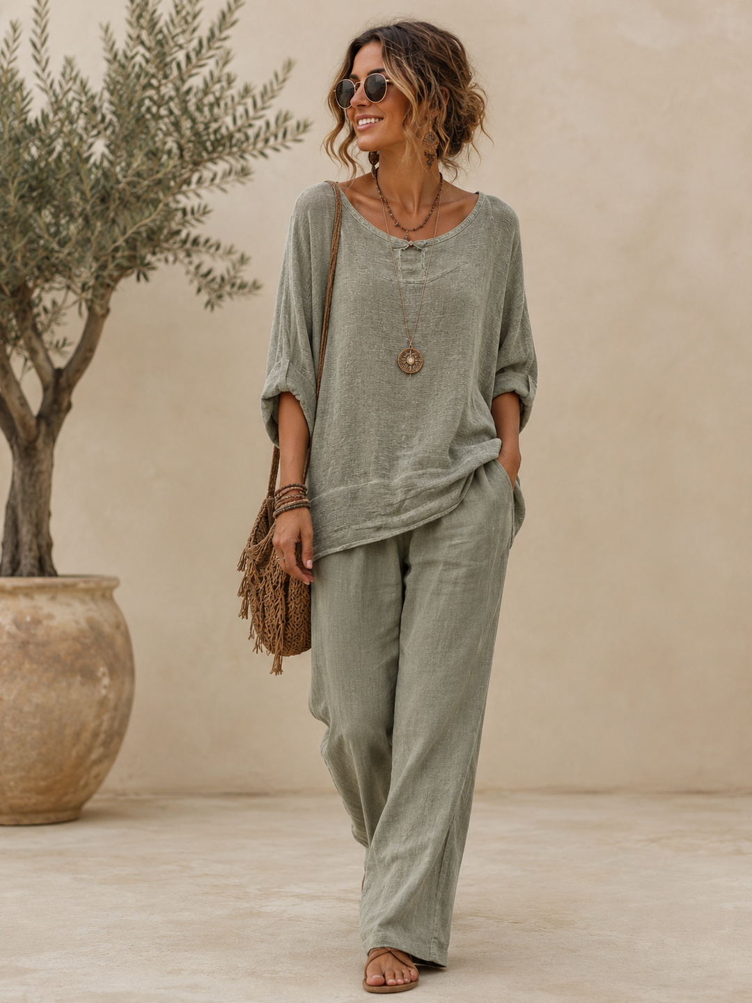 Luisa Linen Oversized Top Khaki