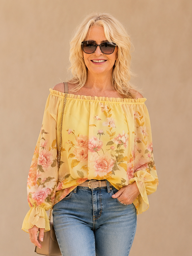 Caterina Floral Shirred Top Yellow