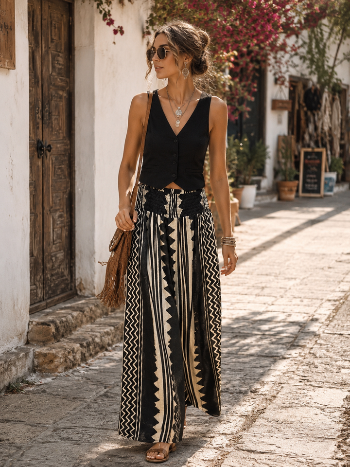 Justina Aztec Palazzo Trousers Black