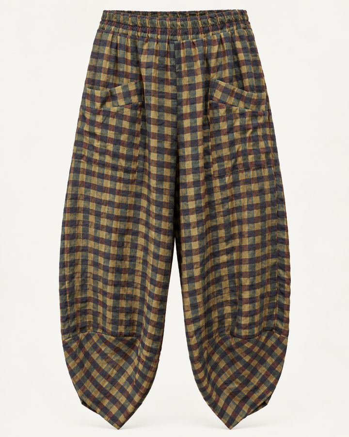 Rosana Checked Barrel Leg Trousers Khaki