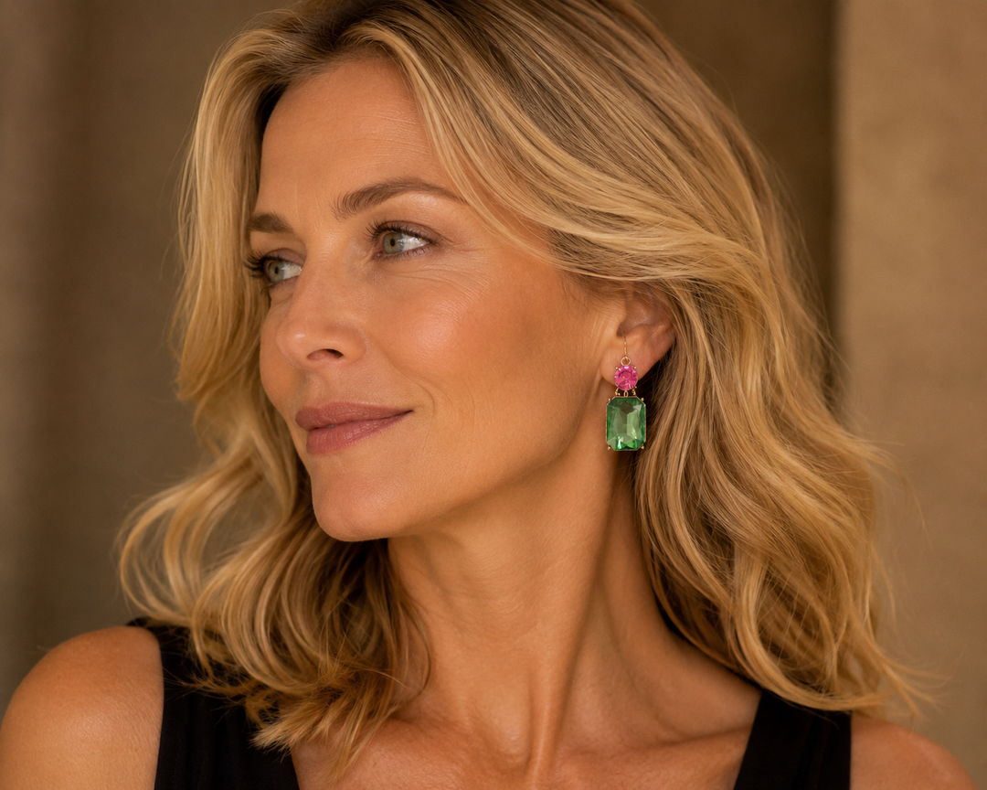 Twin Gem Earrings Green & Pink