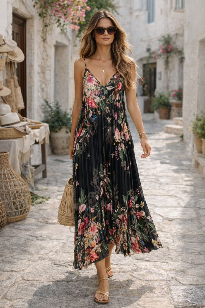 Floral Florence Pleated Dress Black