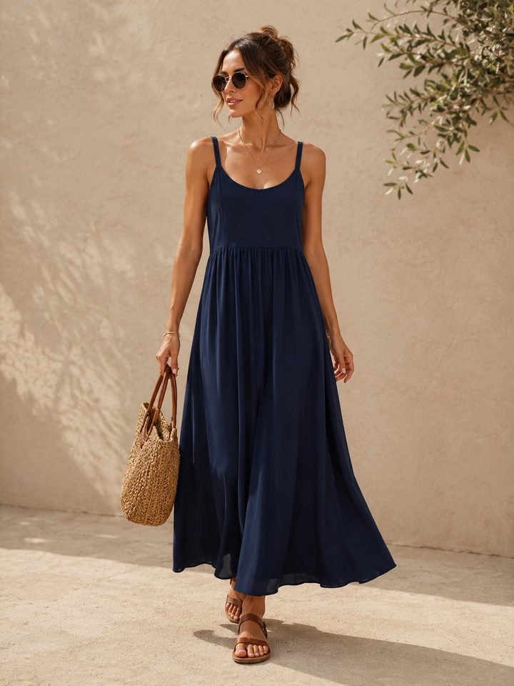 Zara Shirred Maxi Dress Navy