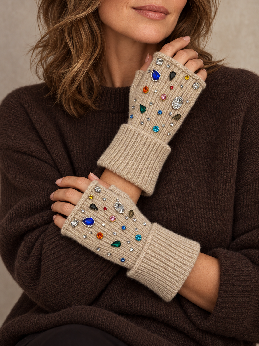 Embellished Fingerless Gloves Beige