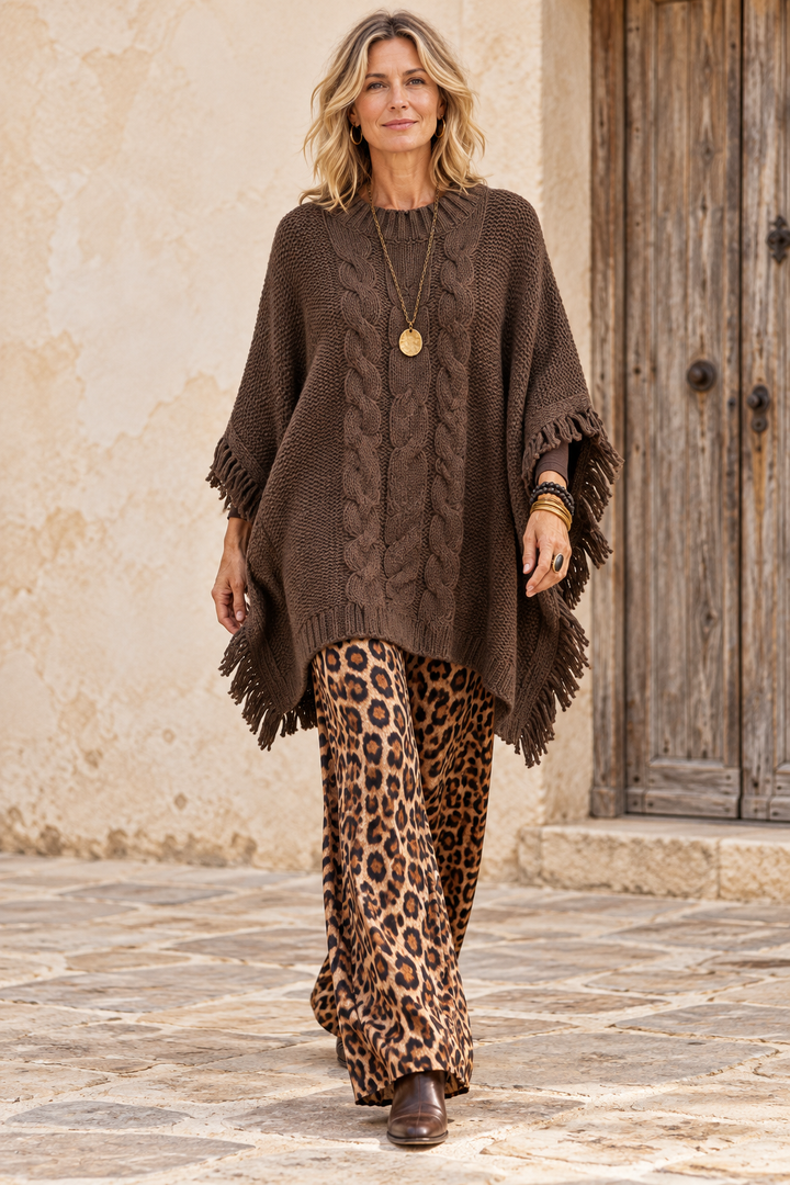 Chelsea Cable Knit Poncho Chocolate