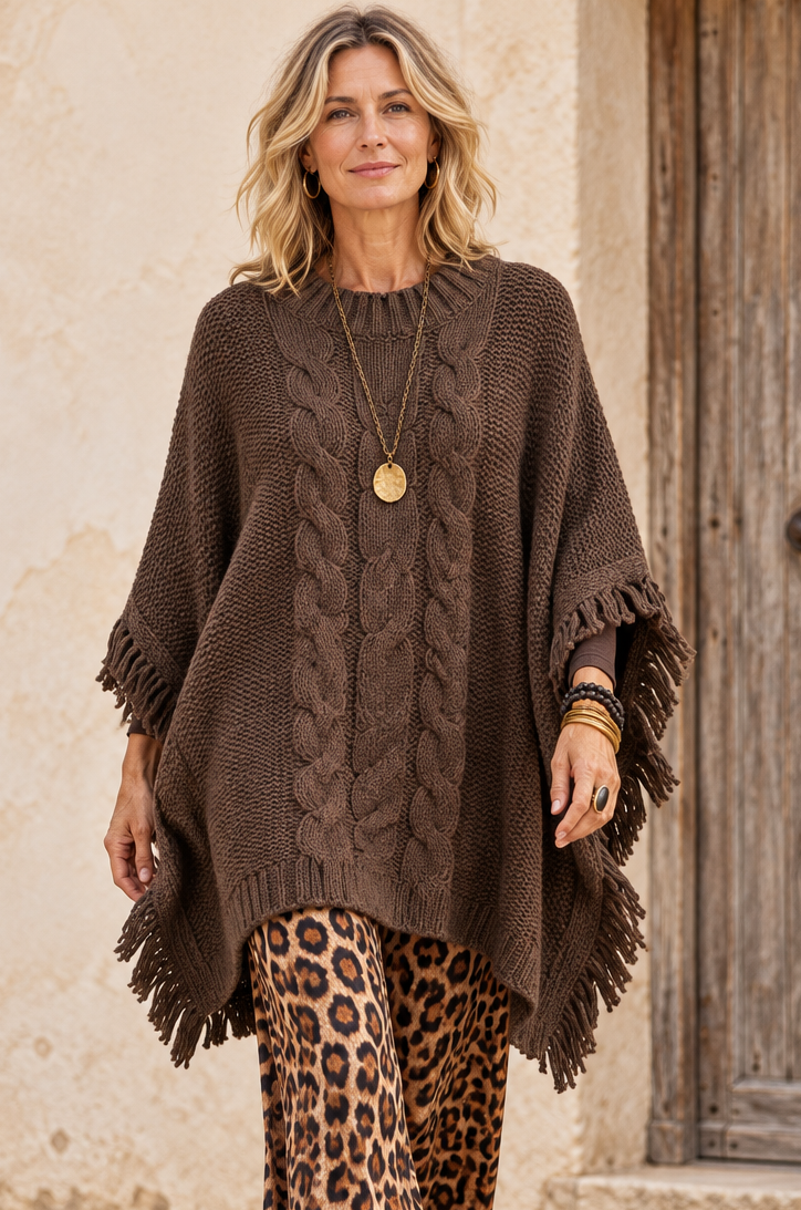 Chelsea Cable Knit Poncho Chocolate