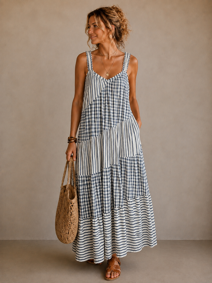 Patchwork Tiered Maxi Dress Navy