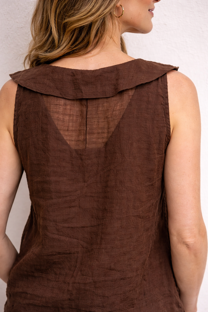 Lorenza Linen Ruffle Top Chocolate