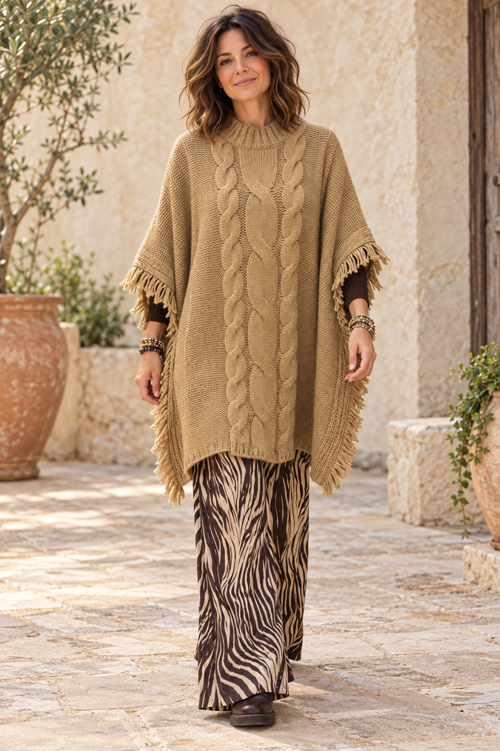 Chelsea Cable Knit Poncho Camel