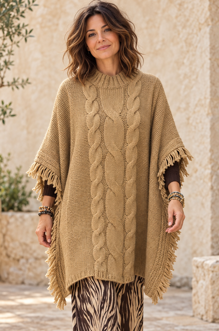 Chelsea Cable Knit Poncho Camel