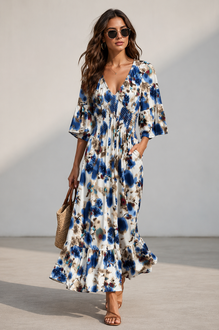 Tilly Abstract Midaxi Dress Cream/Navy