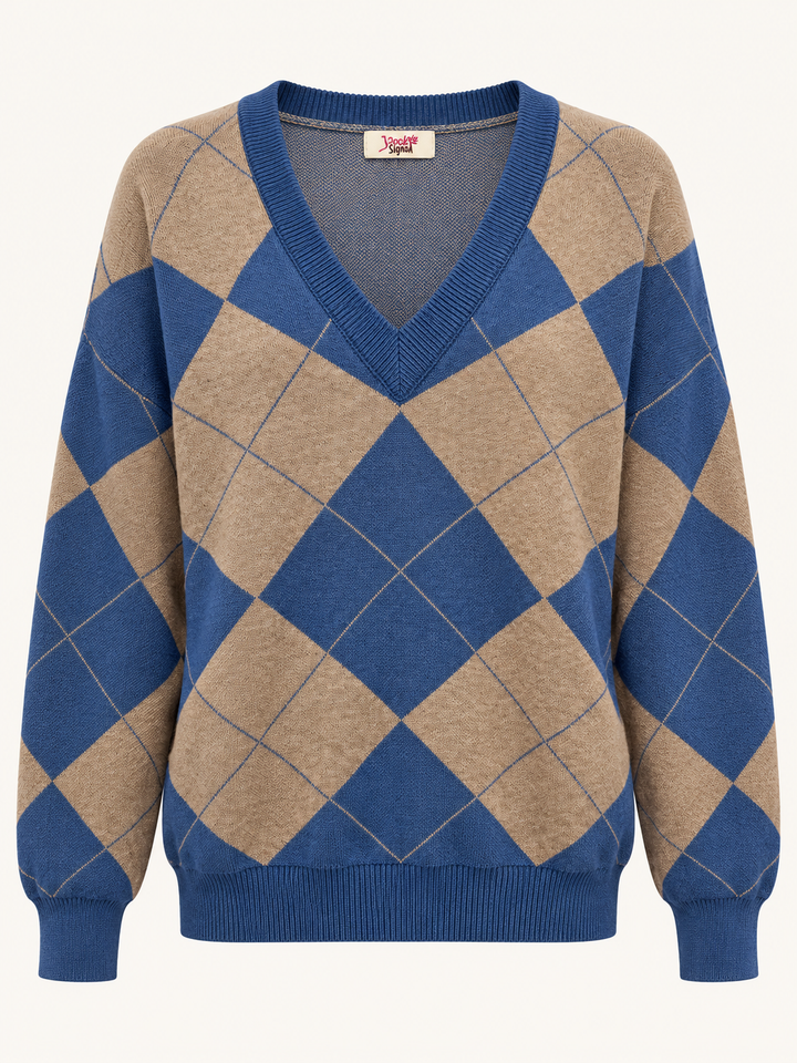 Azura Argyle  V Neck Jumper Blue