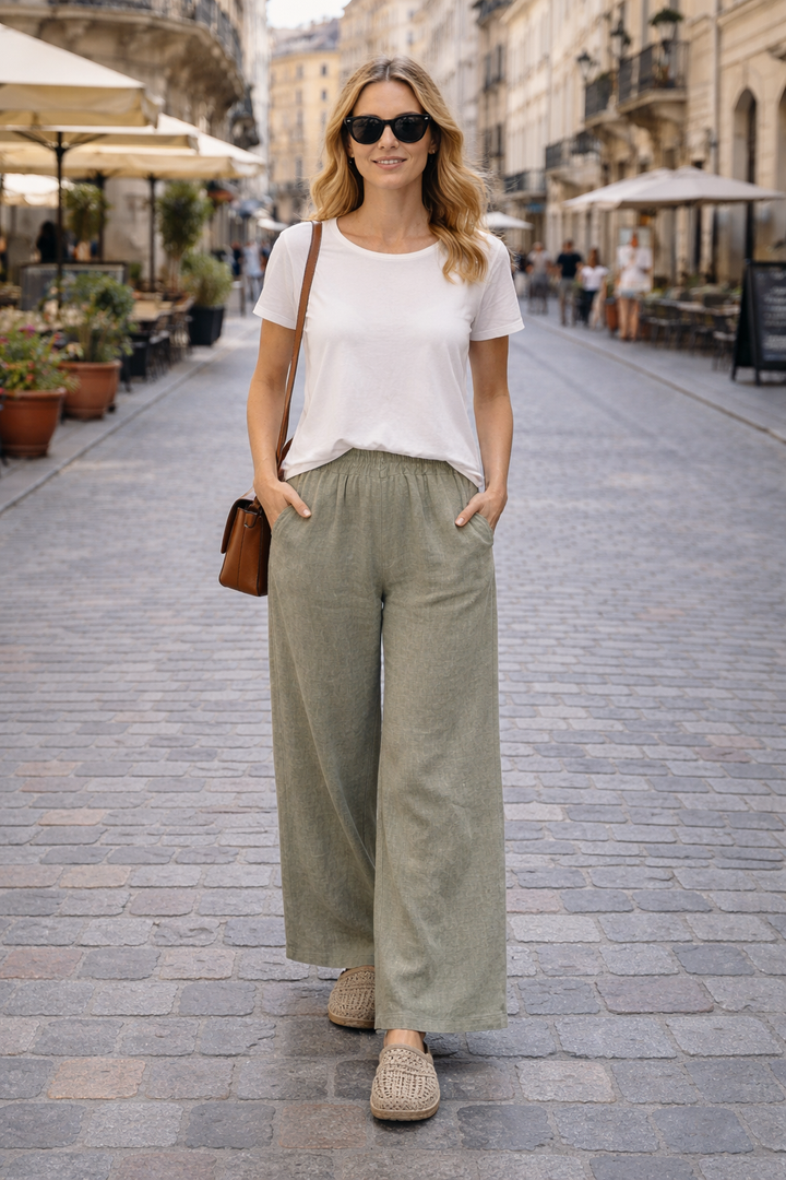 Lorena Linen Wide Leg Trousers Khaki