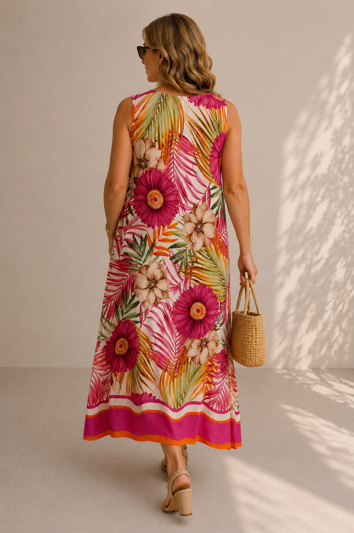 Floral Tropical Sleeveless Dress Fuchsia