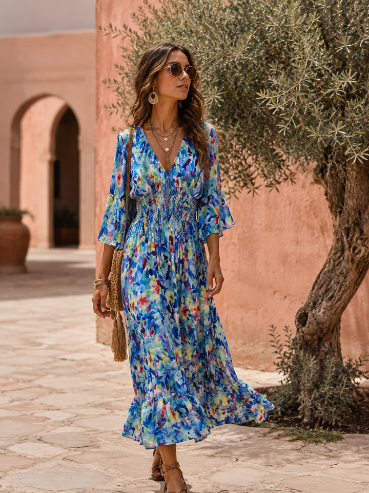 Muriel Watercolour Shirred Maxi Dress Aqua