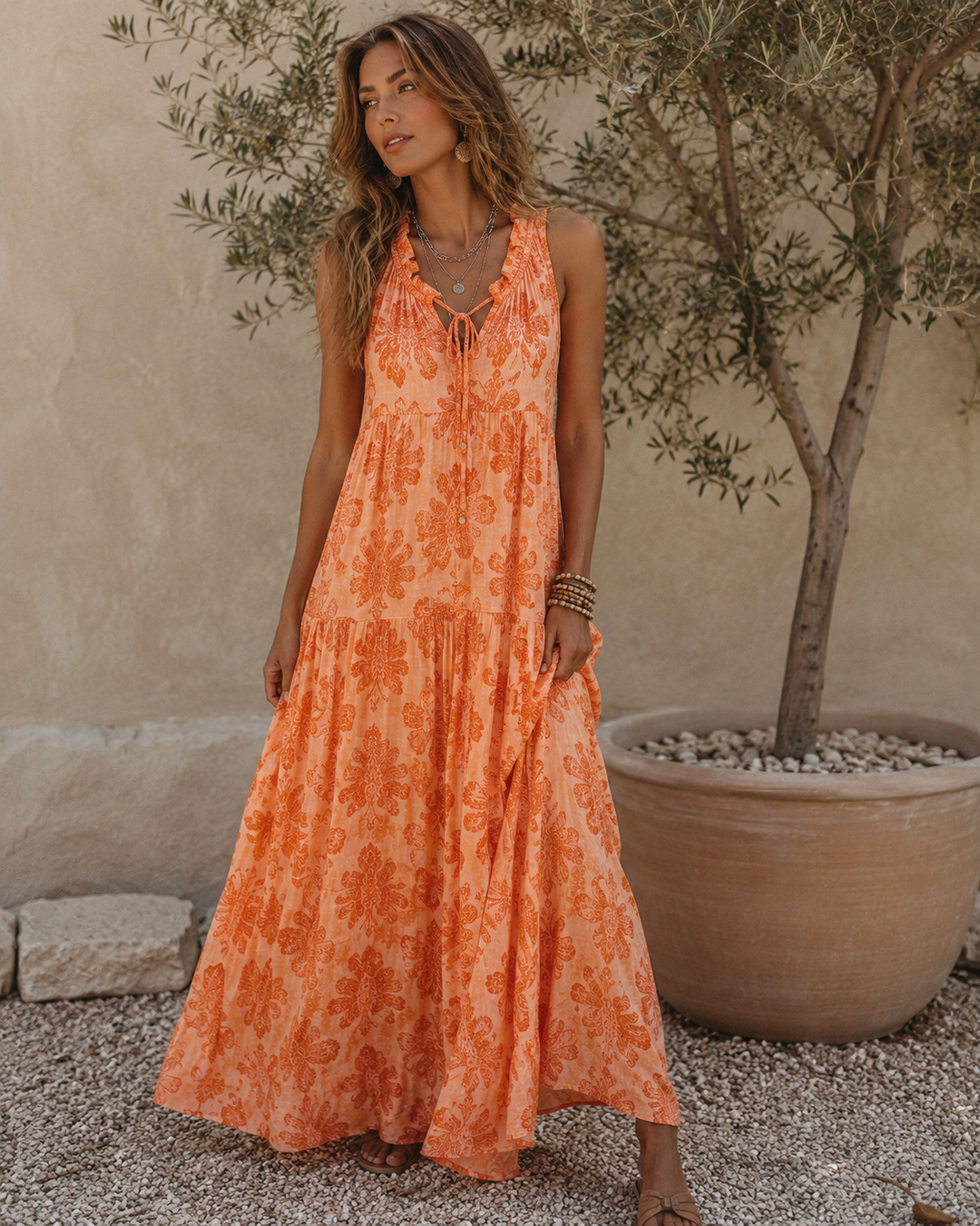 Nita Damask Maxi Dress Coral