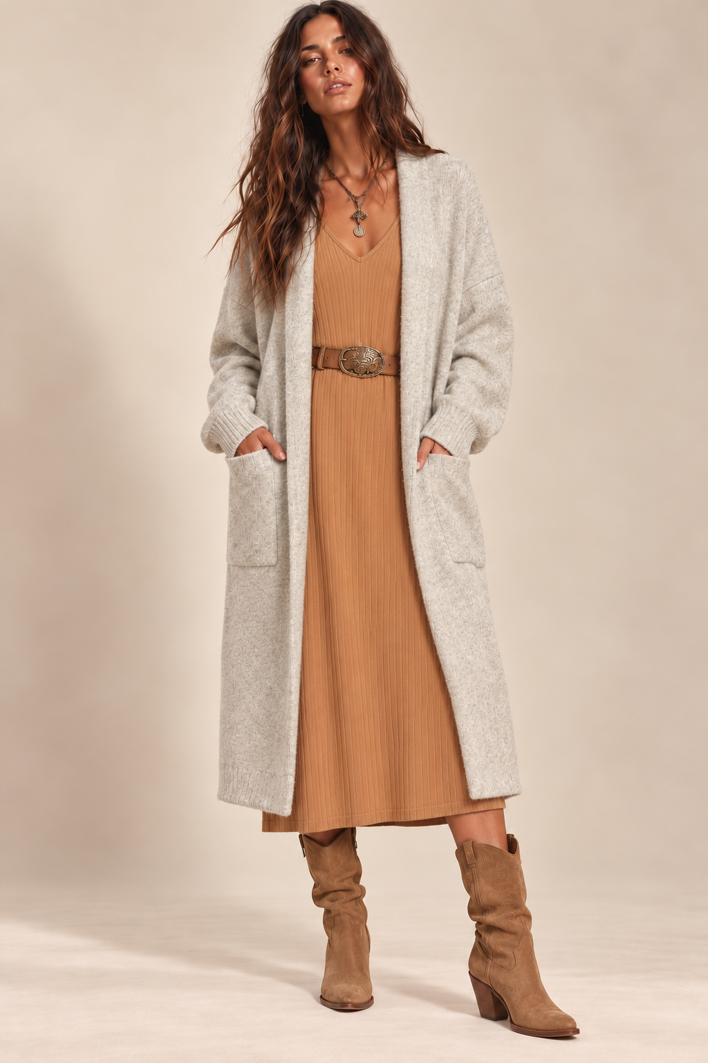Andie V Neck Ribbed Dress Camel