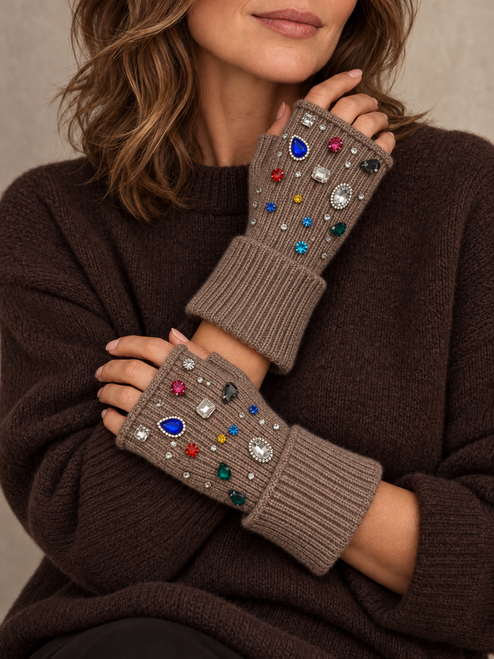 Embellished Fingerless Gloves Mocha