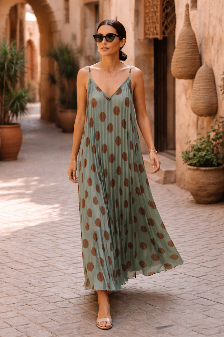 Arezzo Pleated Polka Dot Dress Khaki