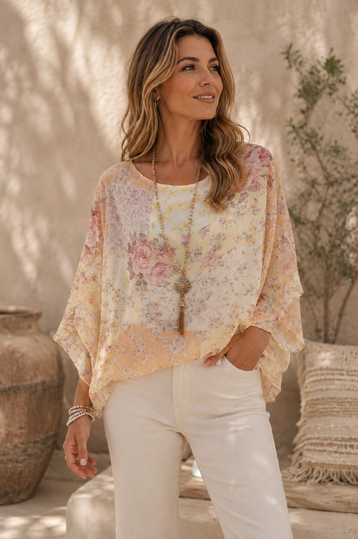 Patchwork Rose Batwing Top Lemon