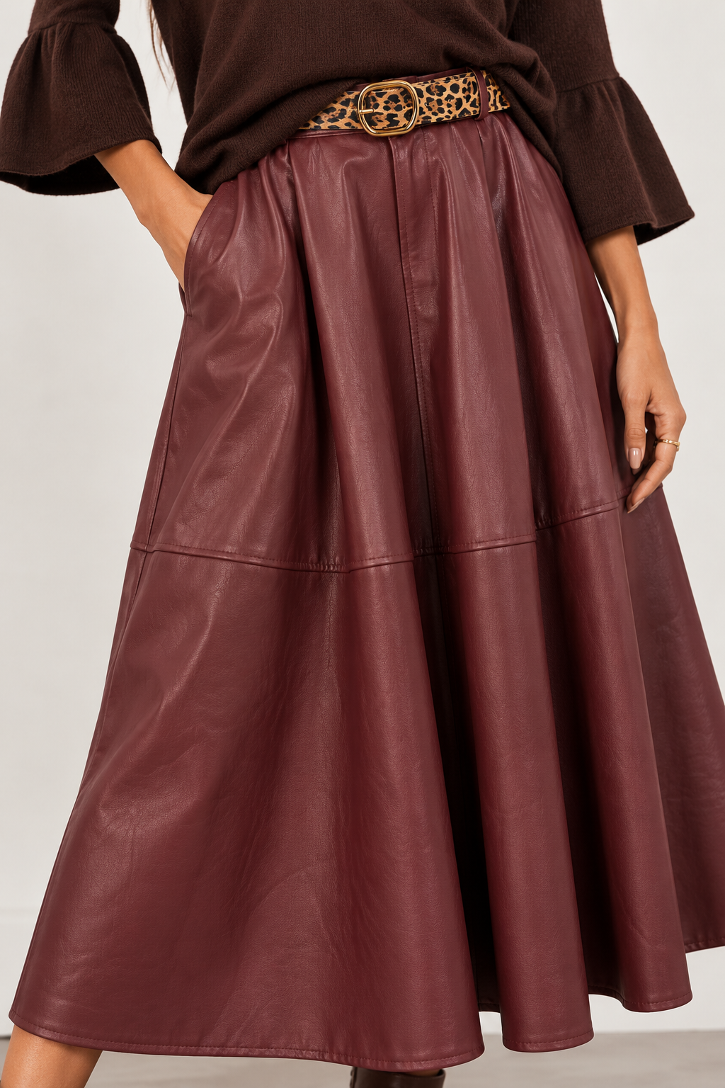 Imani Faux Leather Belted Skirt Burgundy